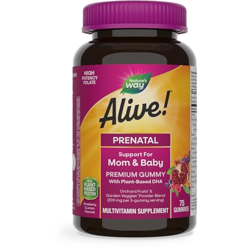 Natures Way Alive Prenatal Premium Gummy Multivitamin High Potency Folate Plant Based DHA Vegetarian Strawberry and Lemon Flavored 75 Gummies Packaging May Vary 0 belly baby and beyond