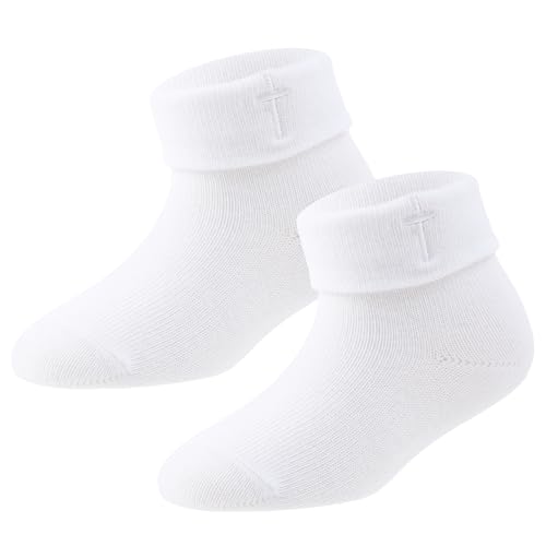 Newborn Baptism Socks Infant Ankle Crew Socks White Turn cuff Christening Cotton Socks for Baby Boys Girls 0 belly baby and beyond