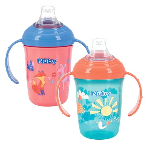 Nuby No Spill Two Handle Babys First Soft Spout Cup with Hygienic Cover 2 pack Aqua Travel Blue Cars or Aqua Ocean Pink Animals 8oz 240 ml 4 Months 2 pack 0 belly baby and beyond