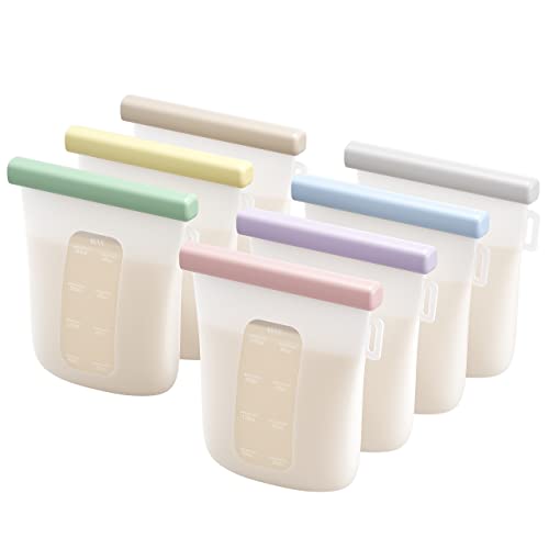 Nuliie 7 Pcs Silicone Breastmilk Storage Bags Reusable 8oz240ml Double Leak Proof Breastmilk Freezer Bags BPA Free Self Standing Milk Bags for Breastfeeding Baby Food Pouches 0 belly baby and beyond