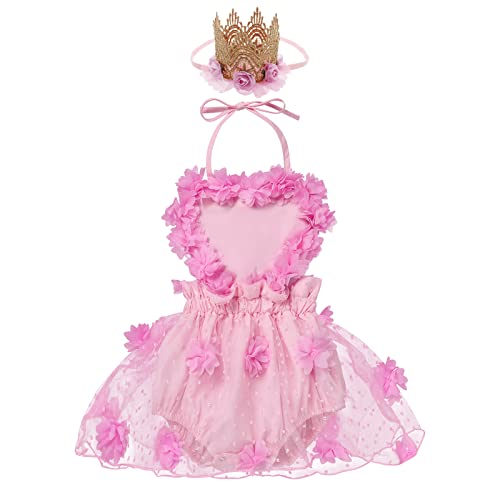 ODASDO Baby Girls First Birthday Cake Smash Outfit Halter Neck 3D Flower Tulle Romper Dress with Headband 2pcs Set 0 belly baby and beyond