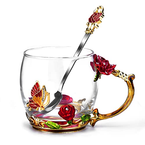 OEAGO Gifts for Mom Women Mothers Day Glass Coffee Enamels Mug Best Birthday Butterfly Rose Gifts for Her from Daughter Son Lead Free Valentines Day Christmas Red Tea Cup with Spoon Set 0 belly baby and beyond
