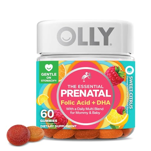 Olly The Essential Prenatal Gummy Multivitamin 30 Day Supply Gummies Sweet Folic Acid Vitamin D Omega 3 DHA Chewable Supplement White Citrus 60 Count Pack of 1 0 belly baby and beyond