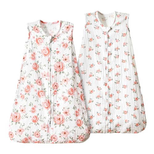 PHF 100 Muslin Cotton Baby Sleep Sacks 0 6 Months Sleep Sack with 2 Way Zipper 2 Pack Cooling 05 TOG Breathable Small Size Sleeveless Baby Wearable Blanket for Baby Girl Floral 0 belly baby and beyond
