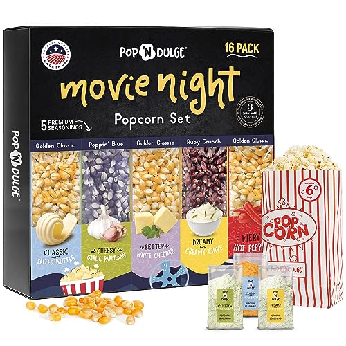 Popcorn Movie Night Supplies Popcorn Kernels Popcorn Seasoning 16 Pack 5 Gourmet Popcorn Kernels 5 Popcorn Seasoning Variety Packs Non GMO Snacks Includes 6 Bags Gift Basket Idea 0 belly baby and beyond