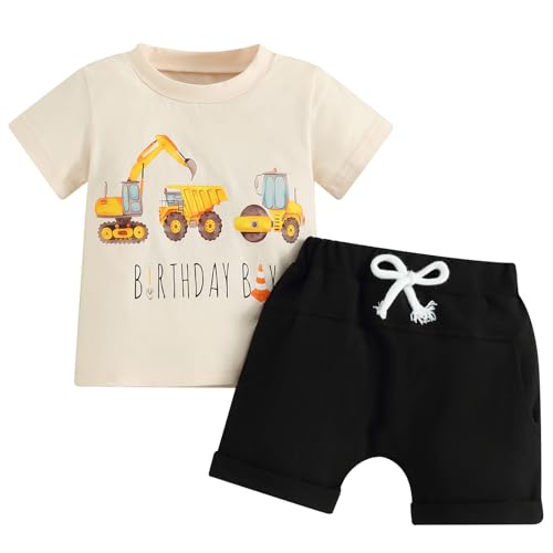 Pudcoco Toddler Baby Boys Birthday Boy Outfit Construction Short Sleeve Excavator T Shirt and Solid Shorts Set 0 belly baby and beyond