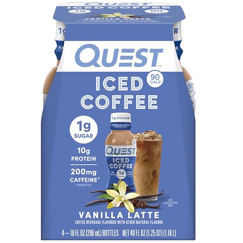 Quest Nutrition Iced Coffee Vanilla Latte 1g of Sugar 10g of Protein 90 calories 200mg of caffeine 4 Count 0 belly baby and beyond