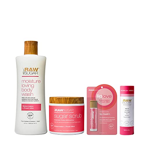Raw Sugar Watermelon Fresh Mint Nourishing Body Love Bundle Body Wash Body Scrub Lip Balm Deodorant Clean Made with Plant Derived Ingredients Formulated without Sulfates and Parabens 0 belly baby and beyond