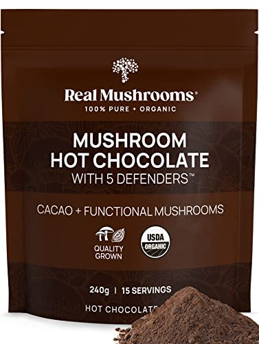 Real Mushrooms Organic Hot Chocolate Mix with 5 Defenders Turkey Tail Chaga Maitake Shiitake Reishi Mushroom Organic Cacao Powder Vegan Mushroom Supplement Gluten Free 15 Servings 0 belly baby and beyond