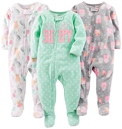 Simple Joys by Carters Toddlers and Baby Girls Loose Fit Flame Resistant Fleece Footed Pajamas Pack of 3 0 belly baby and beyond