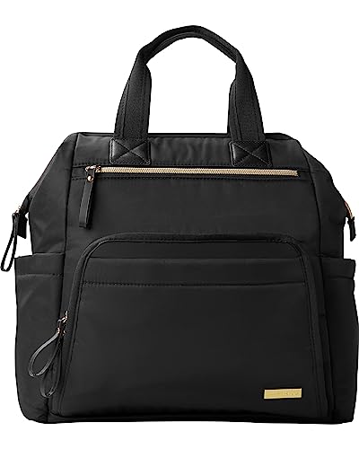 Skip Hop Diaper Bag Backpack Mainframe Large Capacity Wide Open Structure with Changing Pad Stroller Attachement Black with Gold Trim 0 belly baby and beyond