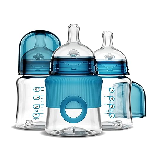 Smilo Baby Bottle Set with Stage 0 Slow Flow Anti Colic Nipple 5 Oz 150 ml Capacity 3X Pack of Anti Colic Baby Bottles 0 3 Months Aqua Blue 0 belly baby and beyond