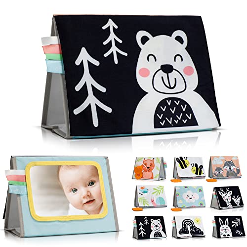 Soft Tummy Time Book with Large Stimulating Baby Safe Mirror High Contrast Montessori Sensory Developmental Toy for NewbornInfant 0 3 3 6 Months 0 belly baby and beyond