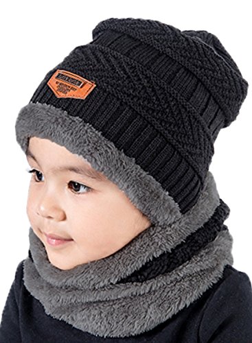 T WILKER 2Pcs Kids Winter Knitted HatsScarf Set Warm Fleece Lining Cap for 5 14 Year Old Boys Girls 0 belly baby and beyond