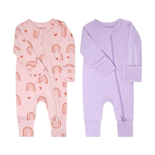 Teach Leanbh Baby Boys Girls 2 Pack Bamboo Viscose Pajamas with Mitten Cuffs 2 Way Zipper Long Sleeve Romper Sleep and Play 0 belly baby and beyond