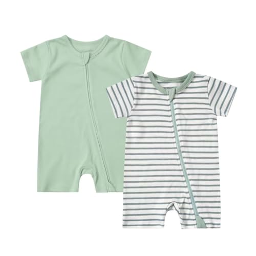 Teach Leanbh Unisex Baby 2 Pack Pajamas Cotton Short Sleeve 2 Way Zipper Stripe Soild Romper Jumpsuit Sleep and Play 0 belly baby and beyond