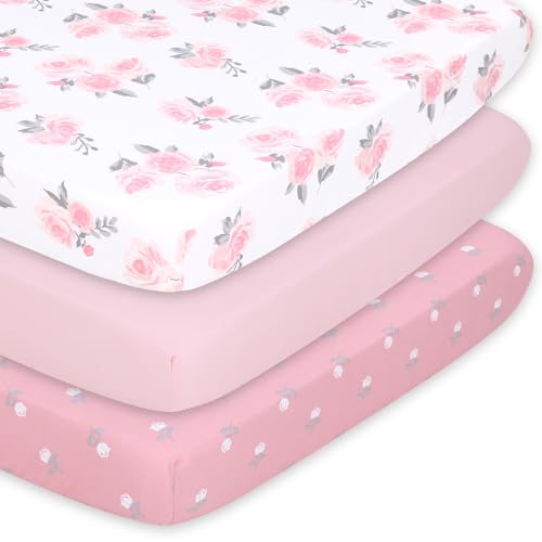 The Peanutshell Pack n Play Sheets for Baby Girl Fitted Mini Crib Sheets Playard Sheets Playpen Portable Crib Bedding Pink Floral 3 Pack Floral Solid Pink 0 belly baby and beyond