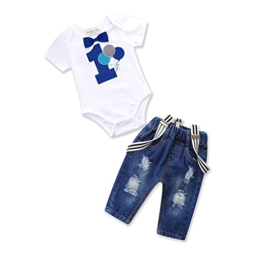 Toddler Baby Boy Birthday Clothes Set Bowtie Romper Suspenders Ripped Denim Pants Outfits 0 belly baby and beyond
