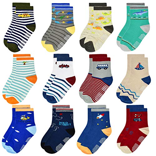 Tphon 12 Pairs Toddler Non Skid Socks with Grips Anti Slip Bottom Cotton Non Slip Ankle Crew Socks for Boys Girls Kids1 7Years 0 belly baby and beyond