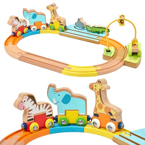 Train Set for Toddlers 18 Months Animal Wooden Train Set Toys for Toddler Montessori Toys for 2 Year Old Magnetic Train Toys with Wooden Train Track fits Brio Railway Set 0 belly baby and beyond