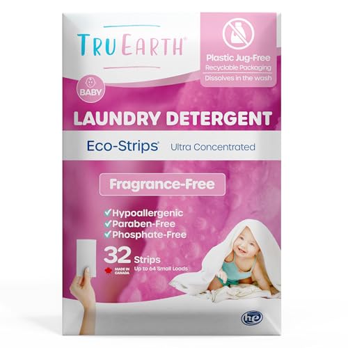 Tru Earth Hypoallergenic Baby Laundry Detergent SheetsEco Strips for Sensitive Skin 32 Count Up to 64 Loads Fragrance Free Baby Detergent Laundry Newborn Infants Toddlers Children Baby Clothes 0 belly baby and beyond