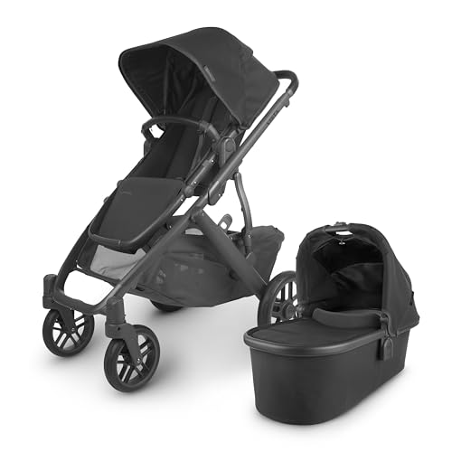UPPAbaby Vista V2 Stroller Convertible Single To Double System Bassinet Toddler Seat Bug Shield Rain Shield and Storage Bag Included Jake CharcoalCarbon FrameBlack Leather 0 belly baby and beyond