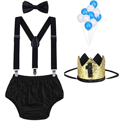 WELROG Baby Boys First Birthday Cake Smash Outfit Bow Tie Suspenders Bloomers Birthday Hat Sparkle Gold Set 0 belly baby and beyond