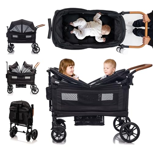 Wagon Stroller for 2 kids Cargo Travel Stroller Push Pull Double Stroller Lightweight Folding Stroller for NewbornToddler with 5 Point HarnessAdjustable Handle Bar and CanopyTray TableCup Holder 0 belly baby and beyond