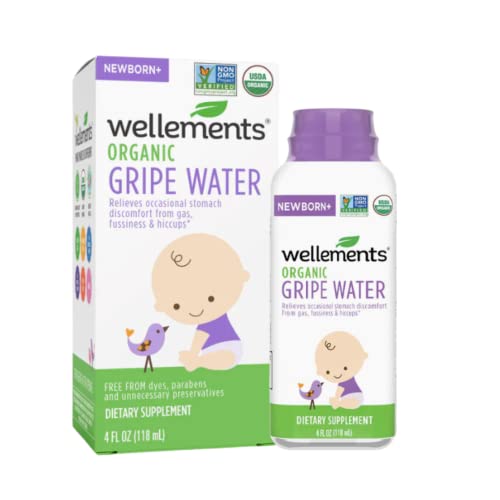 Wellements Organic Gripe Water Relieves Occasional Stomach Discomfort from Baby Gas Colic Hiccups and Fussiness Certified Organic and Non GMO No Artificial Flavors 4 Fl Oz Ages Newborn 0 belly baby and beyond