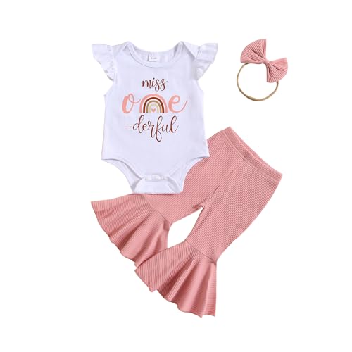 YOKJZJD Baby Girl 1st Birthday Outfit Onederful Short Sleeve Romper T Shirt Tops Bell Bottom Pants Set 3Pcs Summer Clothes 0 belly baby and beyond