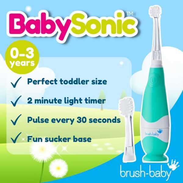 brush baby BabySonic Infant and Toddler Electric Toothbrush for Ages 0 3 Years Smart LED Timer and Gentle Vibration Provide a Fun Brushing Experience Includes 2 Sensitive Brush Heads Teal 0 0 belly baby and beyond