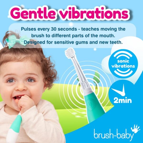 brush baby BabySonic Infant and Toddler Electric Toothbrush for Ages 0 3 Years Smart LED Timer and Gentle Vibration Provide a Fun Brushing Experience Includes 2 Sensitive Brush Heads Teal 0 3 belly baby and beyond