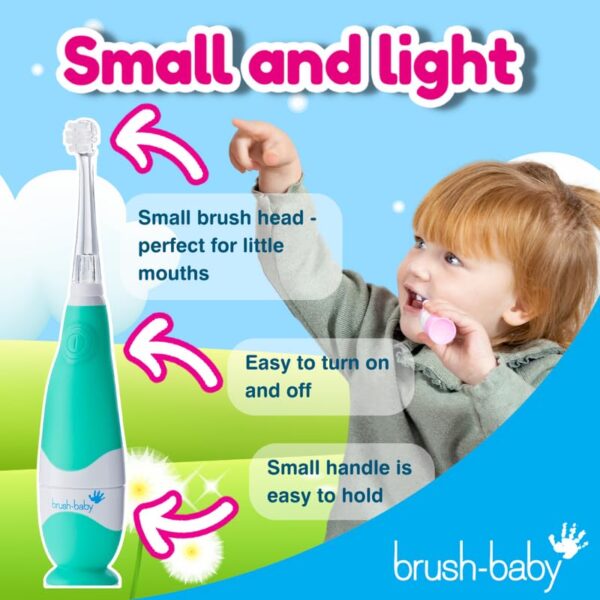 brush baby BabySonic Infant and Toddler Electric Toothbrush for Ages 0 3 Years Smart LED Timer and Gentle Vibration Provide a Fun Brushing Experience Includes 2 Sensitive Brush Heads Teal 0 4 belly baby and beyond