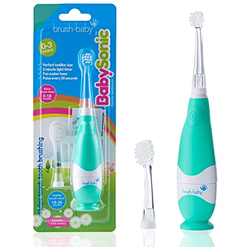 brush baby BabySonic Infant and Toddler Electric Toothbrush for Ages 0 3 Years Smart LED Timer and Gentle Vibration Provide a Fun Brushing Experience Includes 2 Sensitive Brush Heads Teal 0 belly baby and beyond