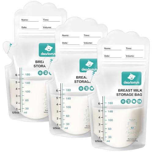 dearlomum BPA Free Breastmilk Storage Bags 120 Pcs 6 Ounce Self Standing with Pour Spout Space Saving Flat Profile Ideal for Convenient Breastfeeding and Milk Storage Refrigeration Freezing 0 belly baby and beyond
