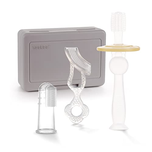 haakaa Training Toothbrush Set Oral Care Kit Soft Silicone Toothbrush for Baby Infants Toddlers Kids SUVA Grey 0 belly baby and beyond