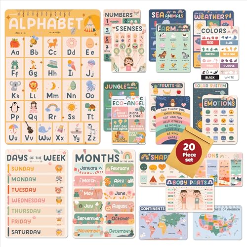 jackinthebox 20 Boho Pre K Educational Posters for Toddlers 12 x 17 inches Laminated Homeschool Decorations Preschool Posters Classroom Posters Learning Posters for Toddlers Ages 1 2 3 0 belly baby and beyond